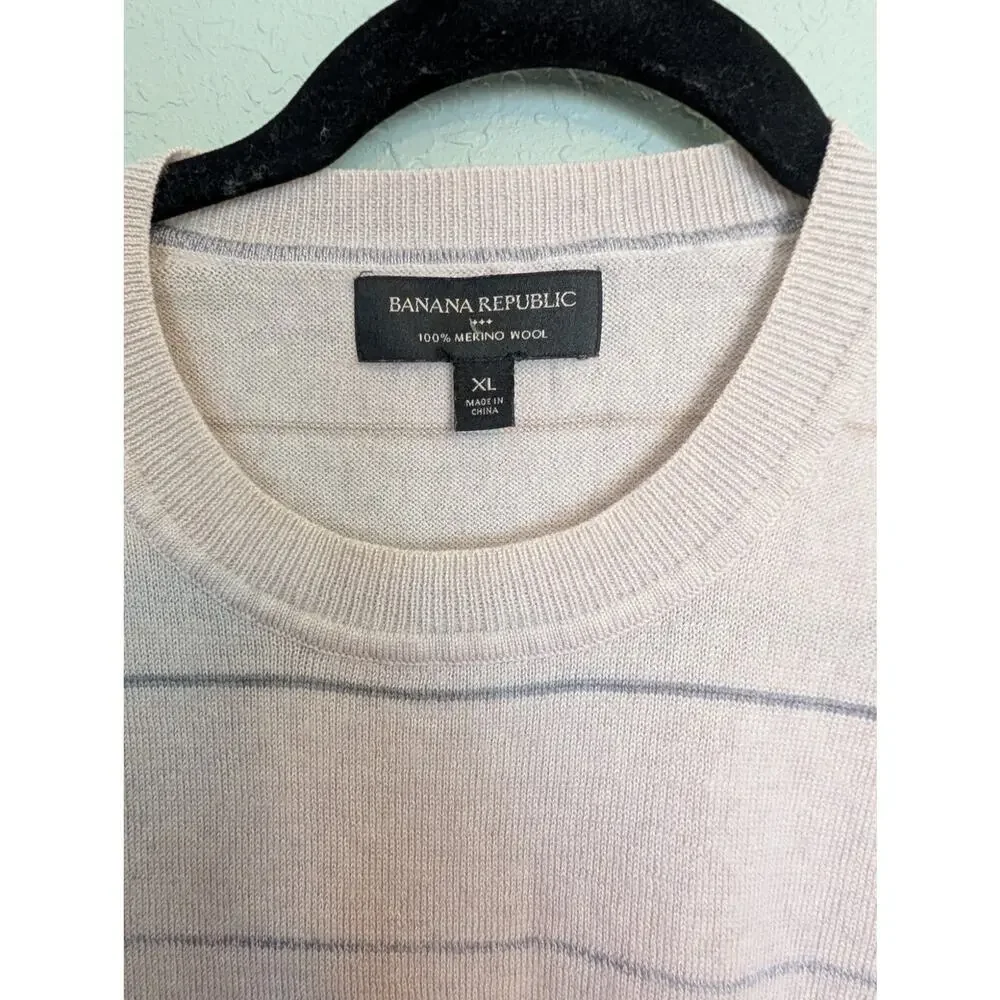 Banana Republic 100% Merino Wool Men's Tan White Striped Sweater Crewneck XL